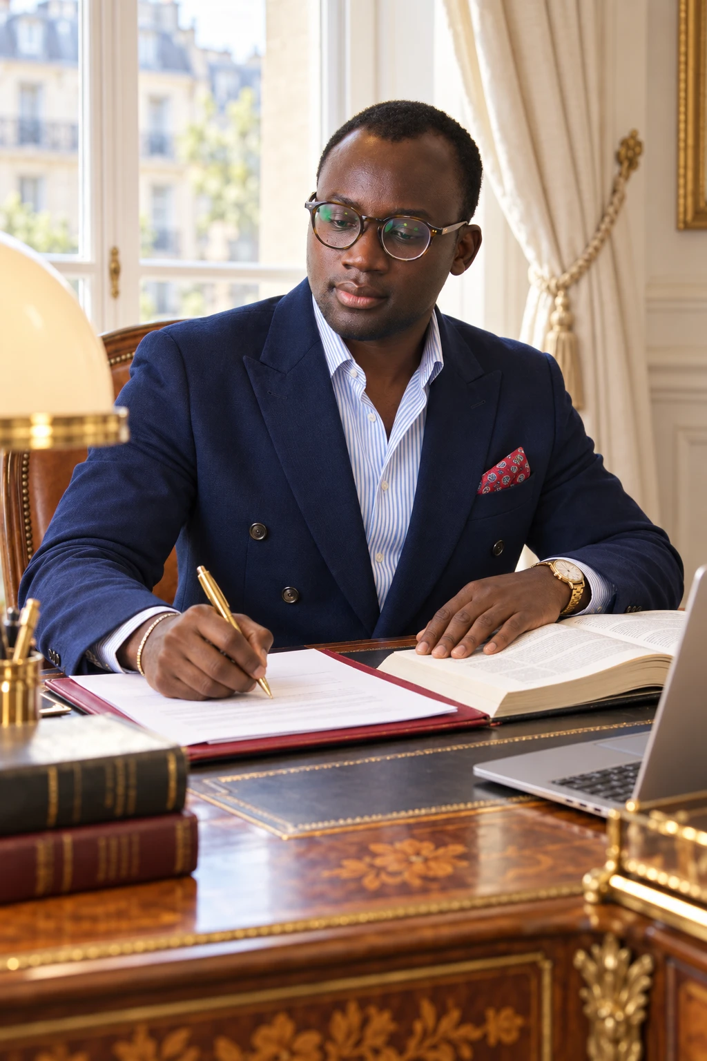 Maître Balla Cissé assis à son bureau, écrivant à côté d’un ouvrage ouvert